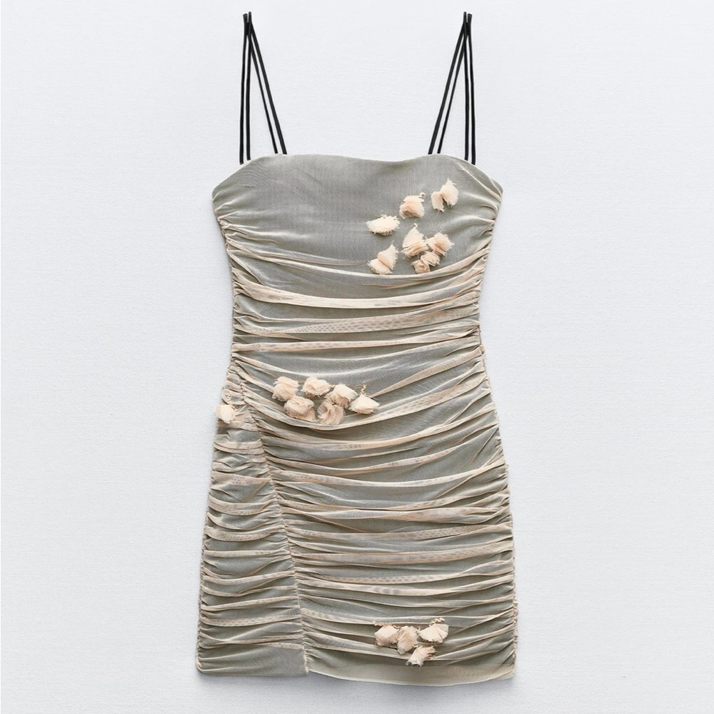 Zara XS NWT floral tulle dress in beige pink. Double spaghetti straps